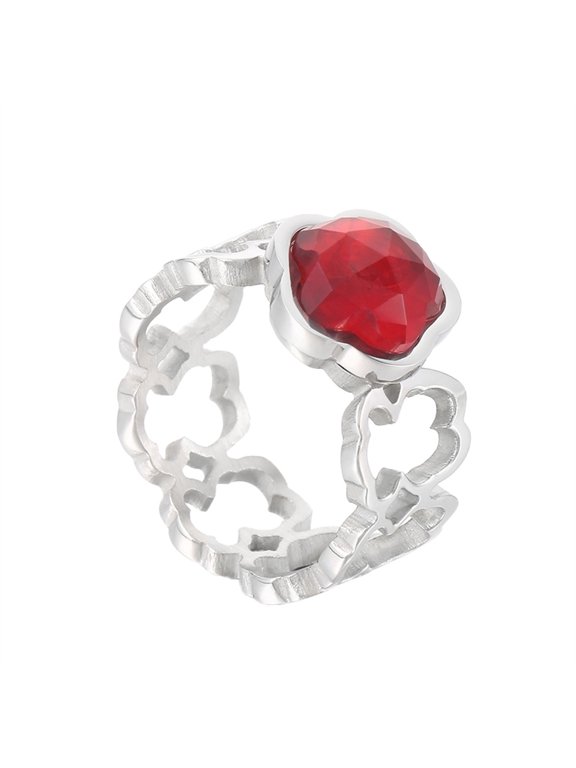 Flower Gemstone Rings for Women Stainless Steel Gold Plated Stone Hollow Out Dainty Floral Petal Elegant Vintage Boho Personalized Gift Jewelry Silver Red 6