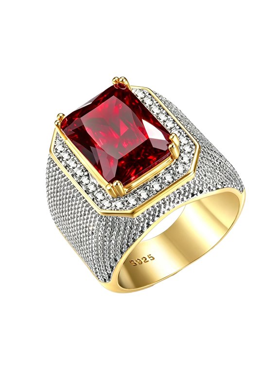 Gemstone Rings for Men Square Cut Big Halo Wide Band Stainless Steel Cubic Zirconia Gold Plated Iced Out Hip Hop Engagement Promise Wedding Personalized Gift Jewelry Red 9