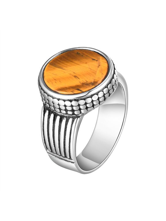 Gemstone Rings for Men Stainless Steel Circle Round Signet Hammered Dot Grooved Textured Vintage Punk Gothic Personalized Gift Jewelry Silver Plated 11