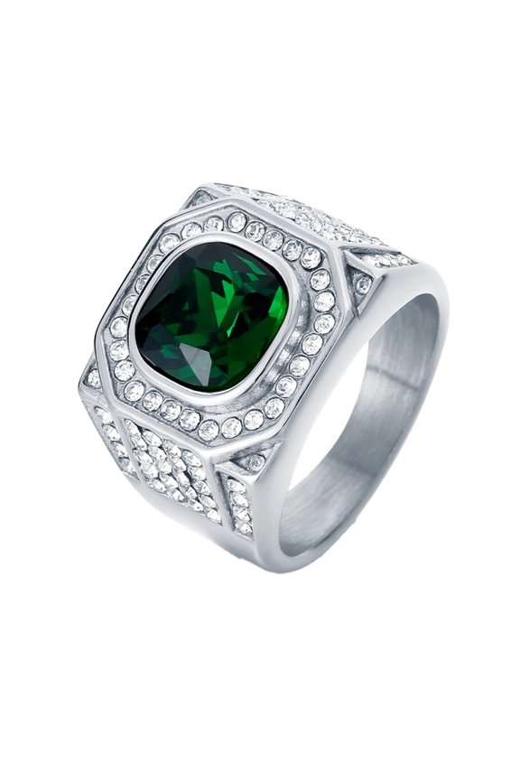 Gemstone Rings for Men Stainless Steel Silver Round Cubic Zirconia Chunky 17mm Punk Biker Statement Personalized Gift Jewelry Silver Dark Green 7