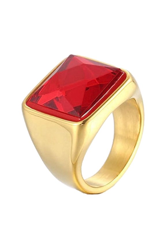 Gemstone Rings for Men Signet Bold Stainless Steel Gold Plated Cubic Zirconia Punk Vintage Chunky 18mm Personalized Gift Jewelry Red 11