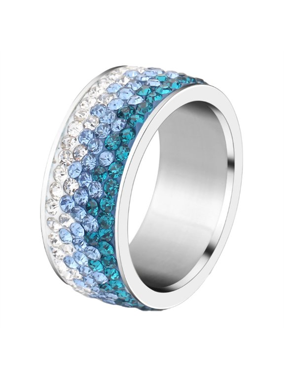 Gradient Pave Band Rings for Women Men Inlaid Stainless Steel Silver Cubic Zirconia Wedding Promise Dainty Personalized Gift Jewelry Blue 7