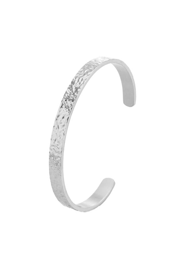 Hammered Texture Open Cuff Bangle Bracelet for Women Men Stainless Steel Minimalist Simple Adjustable C Shape Dainty Personalized Gift Jewelry Silver