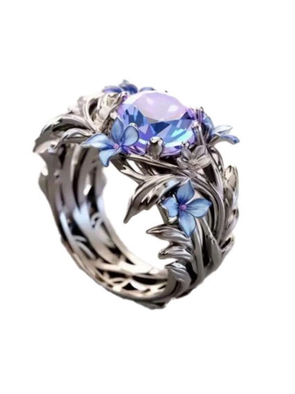 Iris Flower Purple Gemstone Ring for Women Round Cut Cubic Zirconia Fairy Stainless Steel Elegant Dainty Costume Botanical whimsical Personalized Gift Jewelry Silver Plated 9