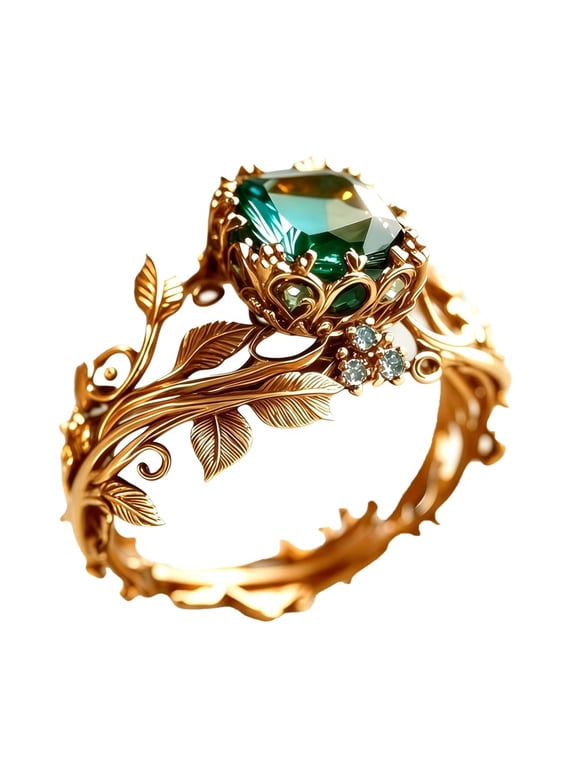 Leaf Totem Gemstone Ring for Women Square Cubic Zirconia Fairy Stainless Steel Elegant Dainty Costume Botanical whimsical Vintage Personalized Gift Jewelry