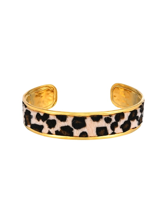 Leopard Print Open Cuff Bracelet for Women Bangle Band Stainless Steel Animal Pattern Fabric Vintage Boho Personalized Gift Jewelry Gold Plated