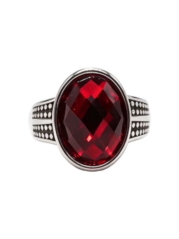 Men's Oval Gemstone Signet Rings Vintage Double‑Row Dot Textured Band Stainless Steel Engraved Stone Gothic Biker Punk Personalized Gift Jewelry Silver Plated Red 12
