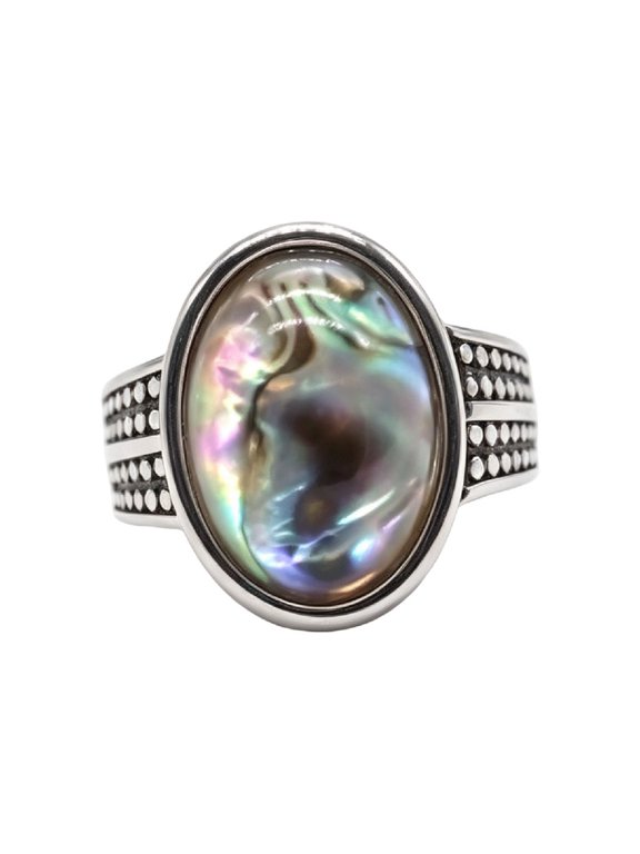Men's Oval Gemstone Signet Rings Vintage Double‑Row Dot Textured Band Stainless Steel Engraved Stone Gothic Biker Punk Personalized Gift Jewelry Silver Plated Colorful 11