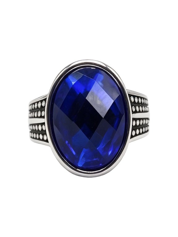 Men's Oval Gemstone Signet Rings Vintage Double‑Row Dot Textured Band Stainless Steel Engraved Stone Gothic Biker Punk Personalized Gift Jewelry Silver Plated Dark Blue 9