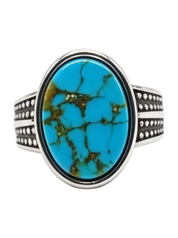 Men's Oval Gemstone Signet Rings Vintage Double‑Row Dot Textured Band Stainless Steel Engraved Stone Gothic Biker Punk Personalized Gift Jewelry Silver Plated Light Blue 8