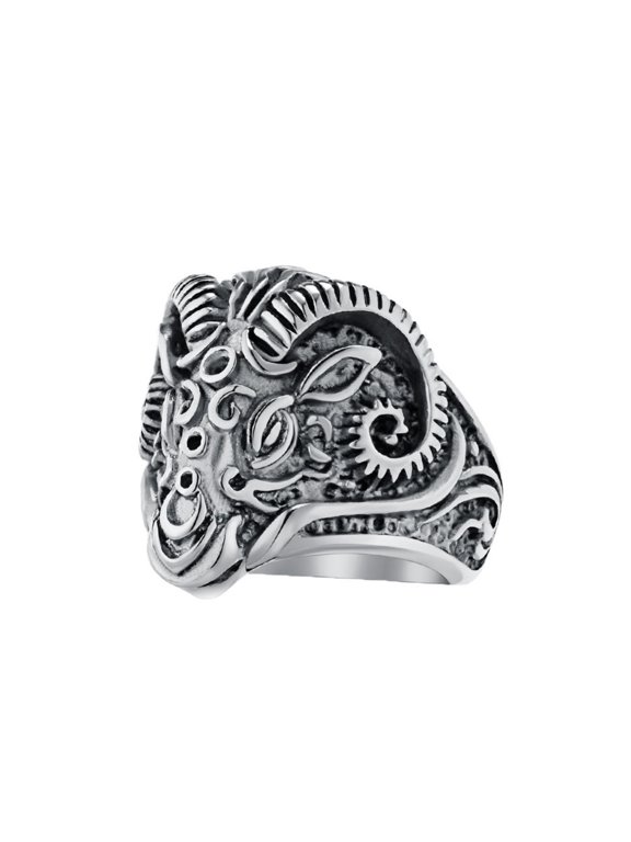 Men's Ram Rings Carved Aries Goat Animal 25MM Band Stainless Steel Vintage Gothic Biker Punk Totem Halloween Statement Personalized Gift Jewelry Silver Plared 8