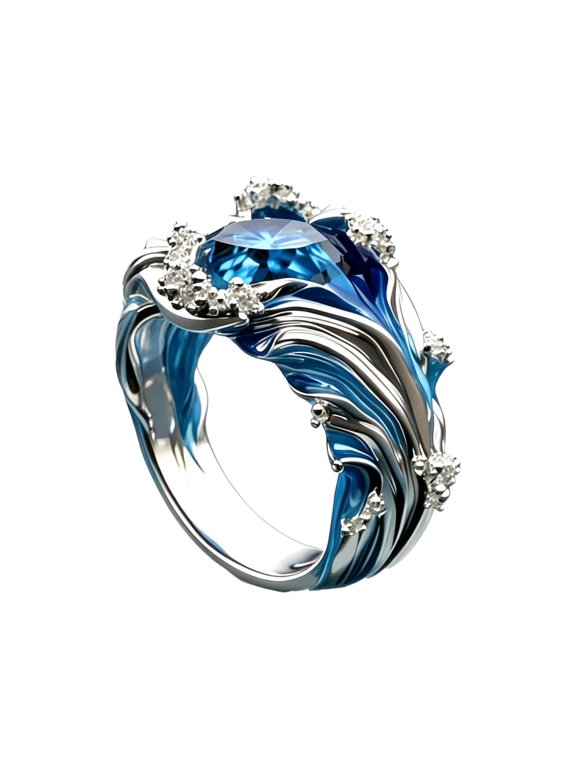 Ocean Wave Rings for Women Unique Blue Gemstone Band Stainless Steel Sea Vintage Costume Statement Personalized Gift Jewelry Silver Plated C