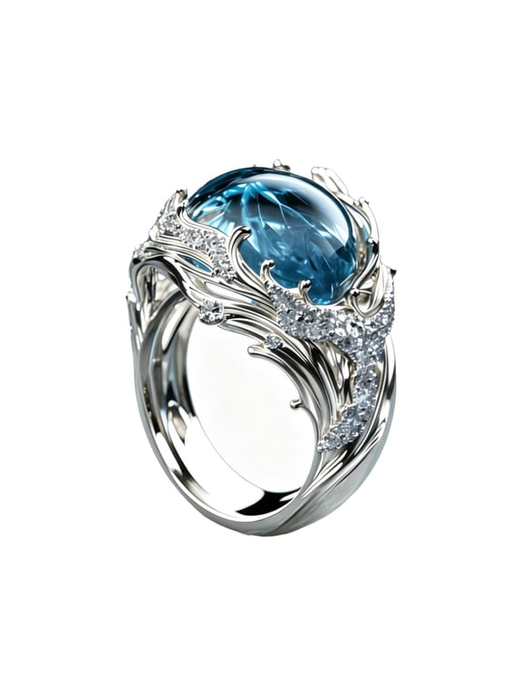 Ocean Wave Rings for Women Unique Blue Gemstone Band Stainless Steel Sea Vintage Costume Statement Personalized Gift Jewelry Silver Plated D