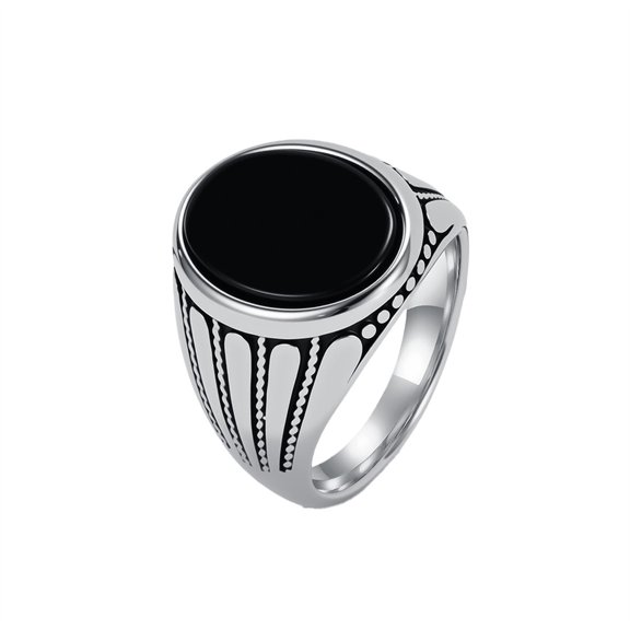 HIRPLIS Oval Black Gemstone Rings for Men Engraved Striped 18mm Stainless Steel Statement Vintage Biker Gothic Punk Personalized Gift Jewelry Silver 8