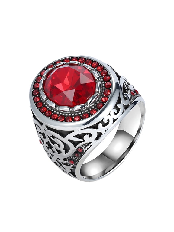 Oval Gemstone Rings for Men Signet 24mm Stainless Steel Silver Plated Cubic Zirconia Wide Band Textured Vintage Punk Biker Gothic Unique Personalized Gift Red 8