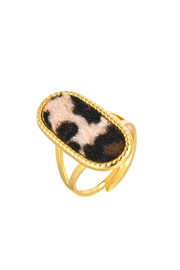 Oval Leopard Print Rings for Women Adjustable Stainless Steel Animal Pattern Fabric Vintage Boho Personalized Gift Jewelry Gold Plated