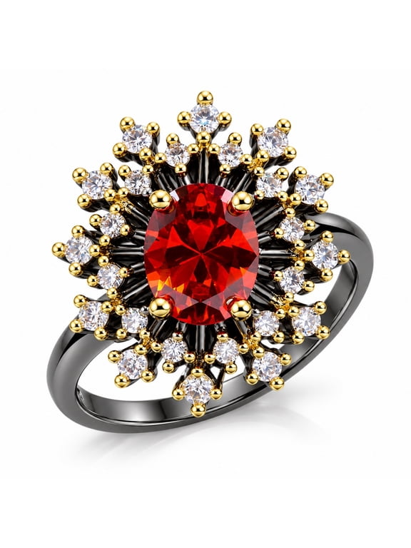 Oval Red Gemstone Ring for Women Cubic Zirconia Sunburst Statement Black Gold Plated Stainless Steel Gothic Large Vintage Big Jewelry Gift for Her Sizes 6-10
