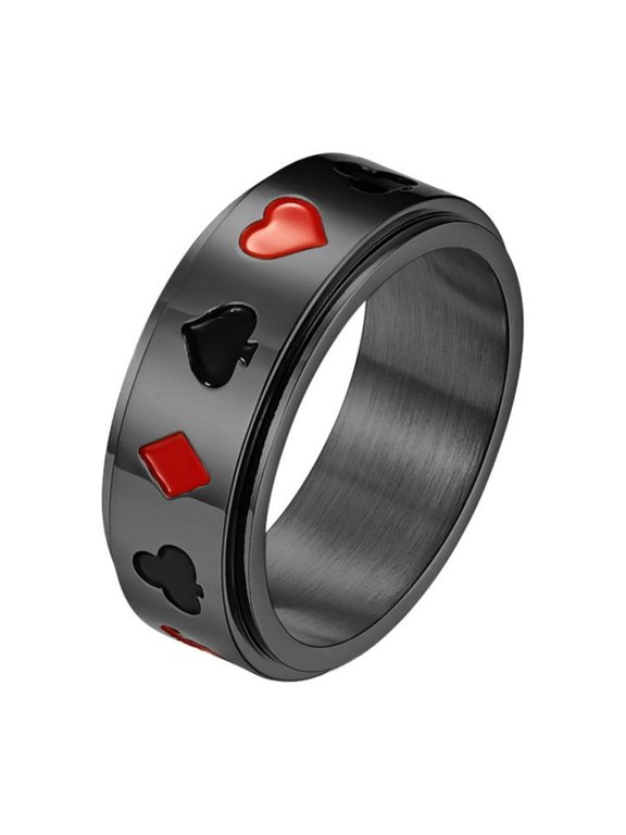 Poker Suit Rotatable Rings for Men Women Card Heart Spade Club Pattern Band Stainless Steel Statement Gothic Unique Personalized Gift Jewelry Black 9