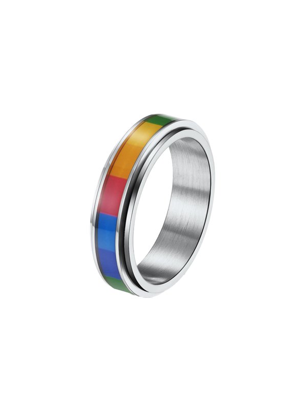 Pride Rainbow Spinner Ring for Women Men Stainless Steel Rotating Band Colorful Enamel LGBTQ Pride Statement Jewelry for Gift Friend Couple
