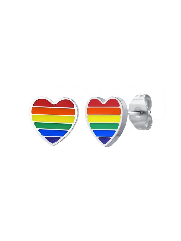 Rainbow Heart Stud Earrings for Women Men LGBTQ Colorful 6‑Stripe Enamel Drip Stainless Steel Silver Plated Pride Love Personalized Gift Jewelry