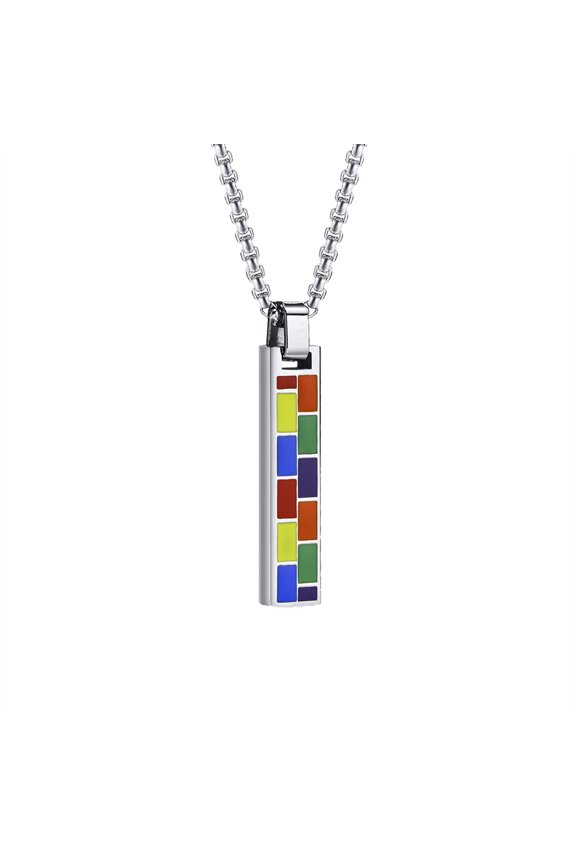 Rainbow Necklace for Women Men LGBTQ Pride Vertical Bar Pendant Enamel Colorful Rectangle Curb Chain Stainless Steel Couple Simple Personalized Gift Jewelry Silver C