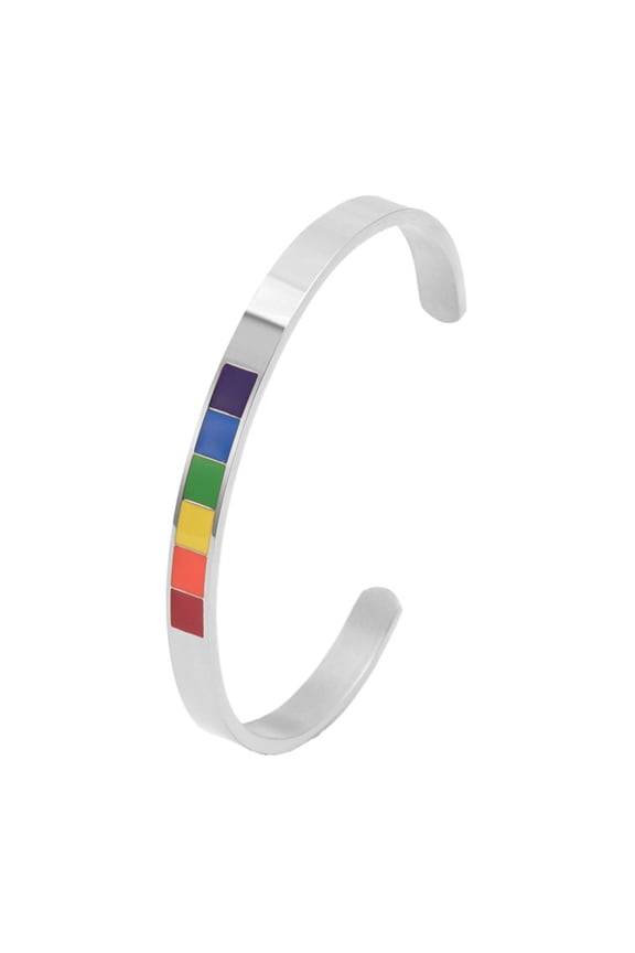Rainbow Pride Open Cuff Bangle Bracelet for Women Men LGBTQ Enamel Stainless Steel Colorful Simple Adjustable C Shape Dainty Personalized Gift Jewelry Silver