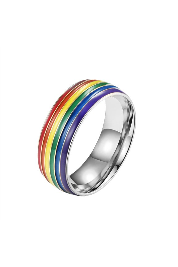 Rainbow Pride Rings for Men Women LGBTQ Enamel Stripes Couple Stainless Steel Silver Band Colorful Dainty Personalized Gift Jewelry Silver 8