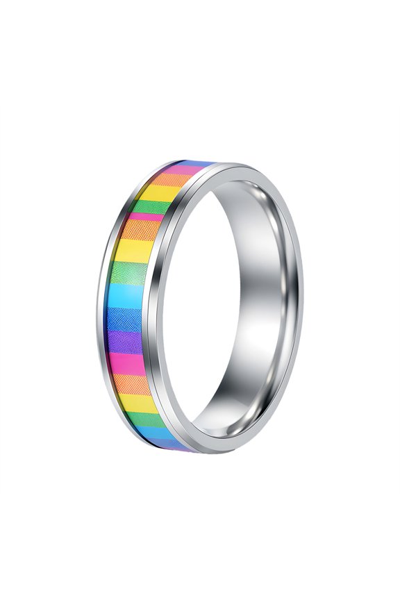 Rainbow Rings for Women Men Colorful Striped Band Stainless Steel Inlay Couple Simple Dainty Personalized Gift Jewelry Silver 9