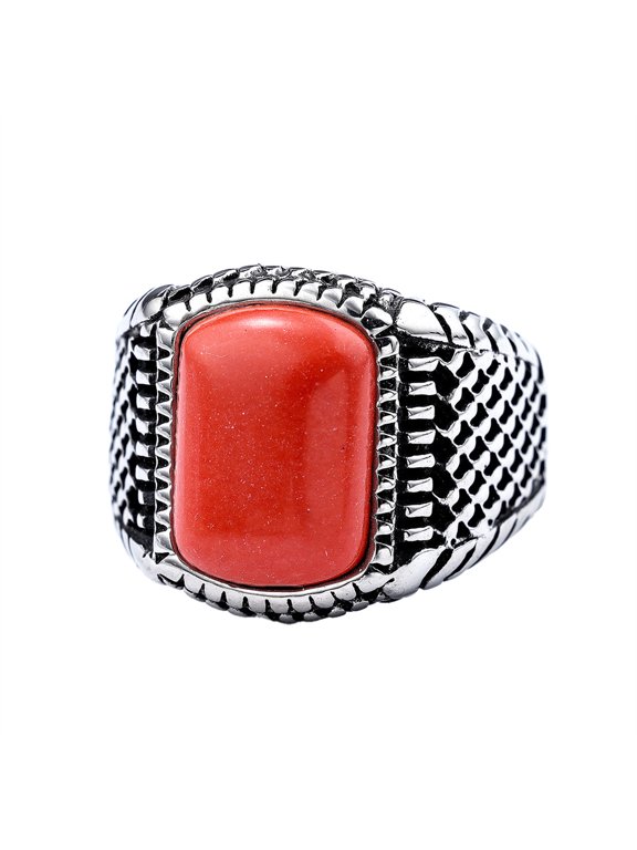 Red Gemstone Rings for Men Chunky 18mm Stainless Steel Silver Textured Scale Signet Vintage Gothic Punk Biker Rectangular Personalized Gift Jewelry Silver 12