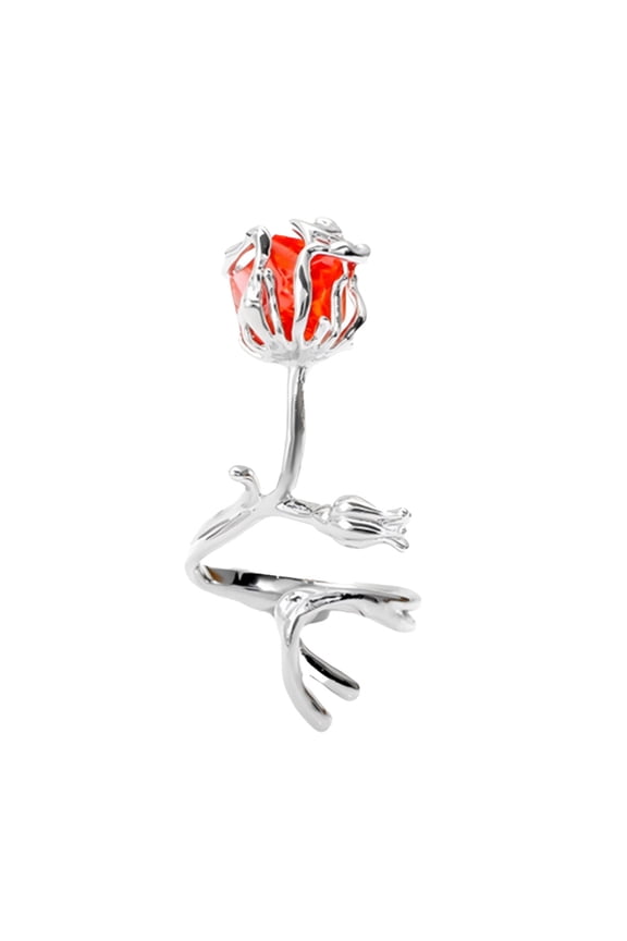 Red Rose Rings for Women Flower Open Adjustable Thorn Wrapped Stainless Steel Silver Plated Cubic Zirconia Dainty Elegant Personalized Gift Jewelry Silver Plated