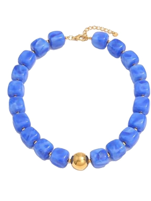 Resin Beaded Necklace for Women Pendant Choker Rondelle Gold Plated Ball Adjustable Chain Boho Summer Vacation Elegant Statement Personalized Gift Jewelry Blue