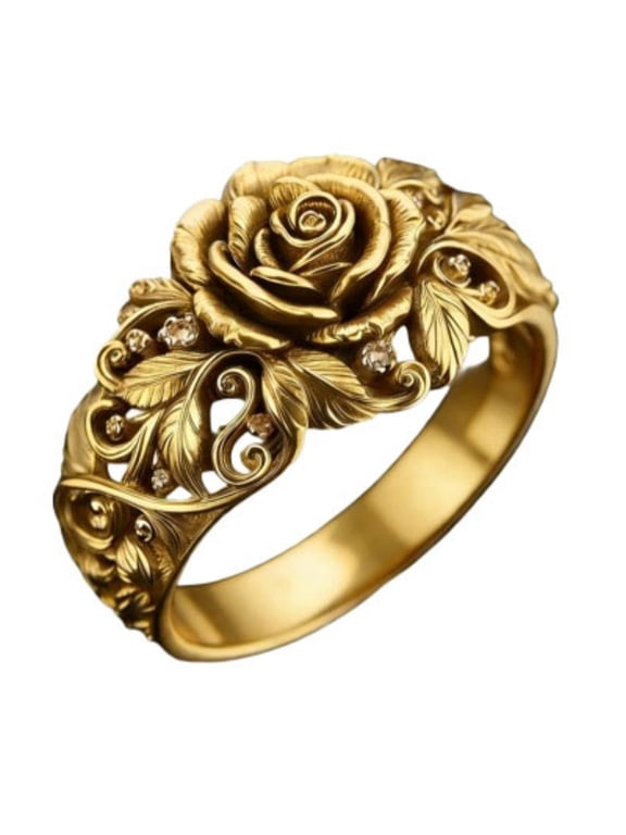 Rose Rings for Women Band Flower Blooming Vine Leaves Stainless Steel Cubic Zirconia Gothic Vintage Elegant Dainty Statement Personalized Gift Jewelry Gold Plated 6