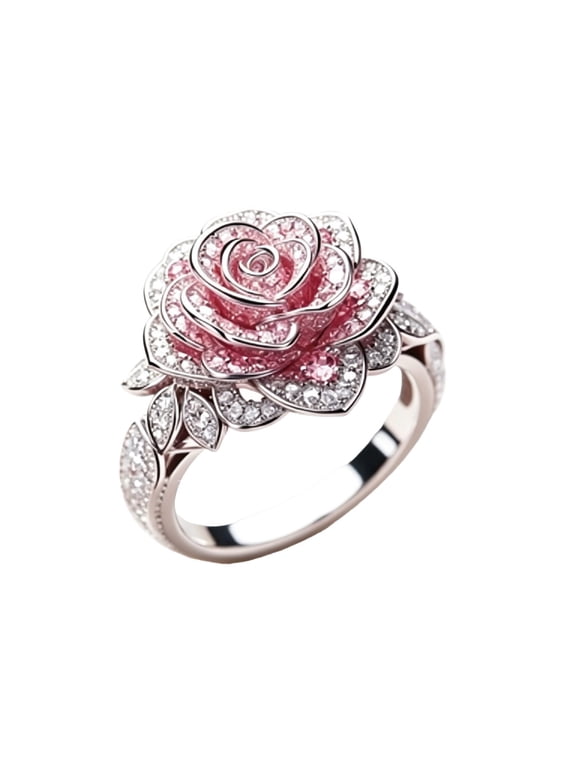 Rose Rings for Women Pink Flower Stainless Steel Cubic Zirconia Engagement Romantic Floral Wedding Anniversary Elegant Dainty Personalized Gift Jewelry Silver Plated 9