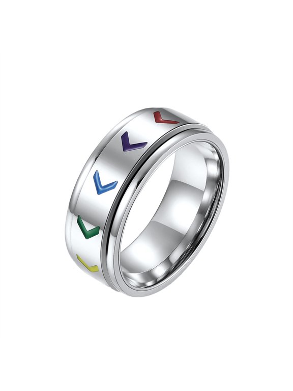 Rotatable Arrow Rainbow Rings for Women Men LGBTQ Enamel Pride Colorful Band Stainless Steel Couple Simple Personalized Gift Jewelry Silver Plated 12
