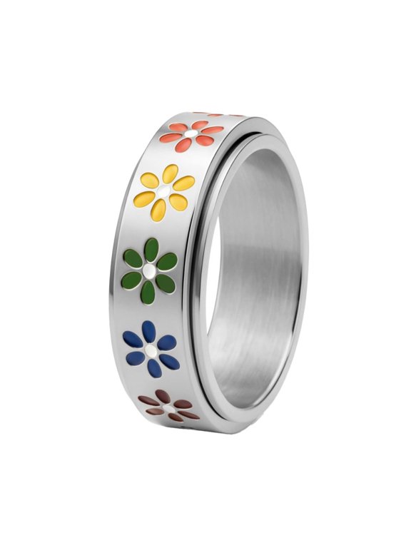 Rotatable Daisy Rainbow Ring for Women Men Enamel Dainty Flower LGBTQ Stainless Steel Pride Statement Jewelry Gift Sizes 5-13