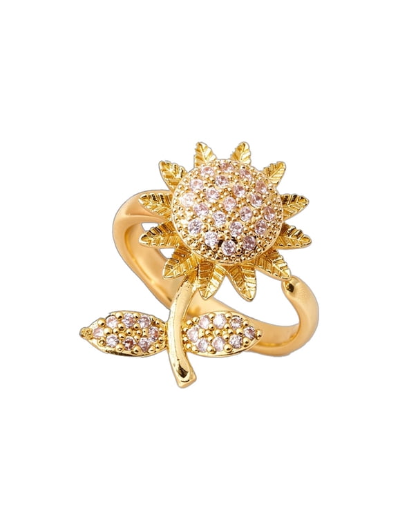 Rotatable Flower Fidget Ring for Women Floral Band Dainty Cubic Zirconia Inlaid Adjustable Daily Wear Jewelry Gift for Her