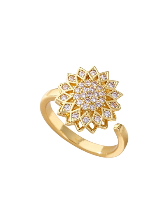 Rotatable Flower Fidget Ring for Women Floral Band Dainty Cubic Zirconia Inlaid Adjustable Daily Wear Jewelry Gift for Her