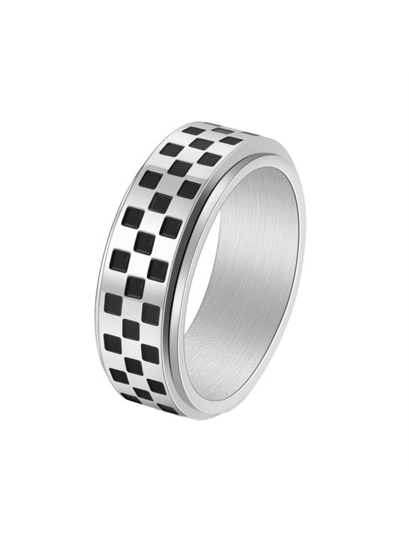 Rotatable Rings for Women Men Checkered Chessboard Stainless Steel Band Couple Dainty Punk Gothic Statement Personalized Gift Jewelry Silver 8