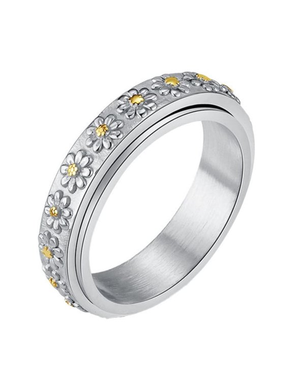 Rotatable Sunflower Rings for Women Daisy Flower Band Stainless Steel Vintage Floral Elegant Dainty Statement Personalized Gift Jewelry Silver Plated 5