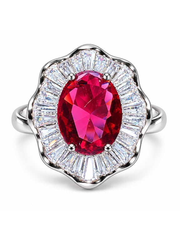 Ruby Red Gemstone Ring for Women Oval Cut Cubic Zirconia Adjustable Stainless Steel Halo Statement Open Band Sparkling Wedding Promise Jewelry Gift for Her