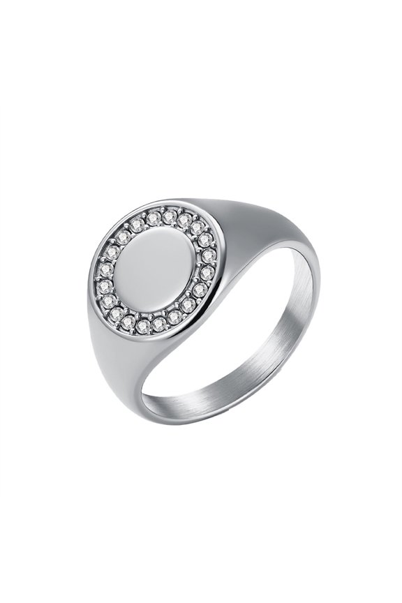 Signet Rings for Men Women Cubic Zirconia Stainless Steel Silver Couple Round Circle Dainty Vintage Statement Personalized Gift Jewelry Silver 5