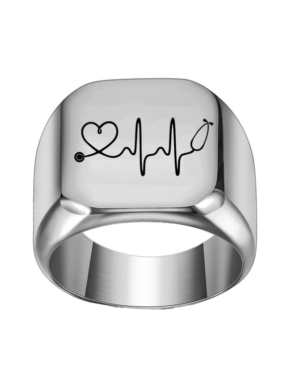 Simple Multicolor Square ECG Rings for Men Women Stainless Steel Modern Heartbeat Heart Line Party Birthday Festival Vacation Daily Jewelry Gift Silver Plated 13