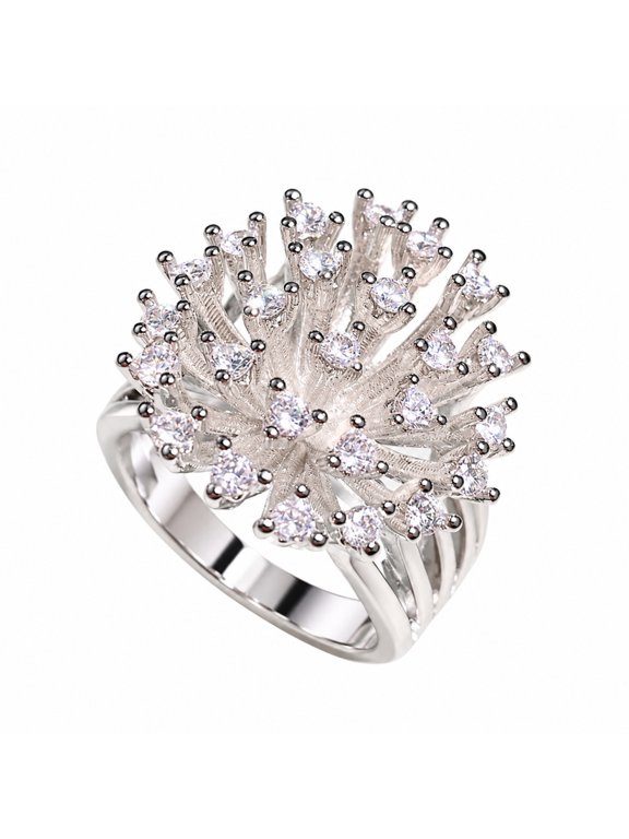 Sparkling Snowflake Ring for Women Hollow Firework Dandelion Cubic Zirconia Stainless Steel Silver Plated Floral Cocktail Party Elegant Unique Fairy Jewelry Gift