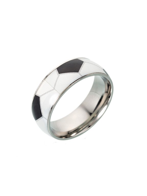 Sports Ball Pattern Band Rings for Women Men Stainless Steel Silver Printed Wide Athletic Unique Statement Personalized Gift Jewelry Football 10