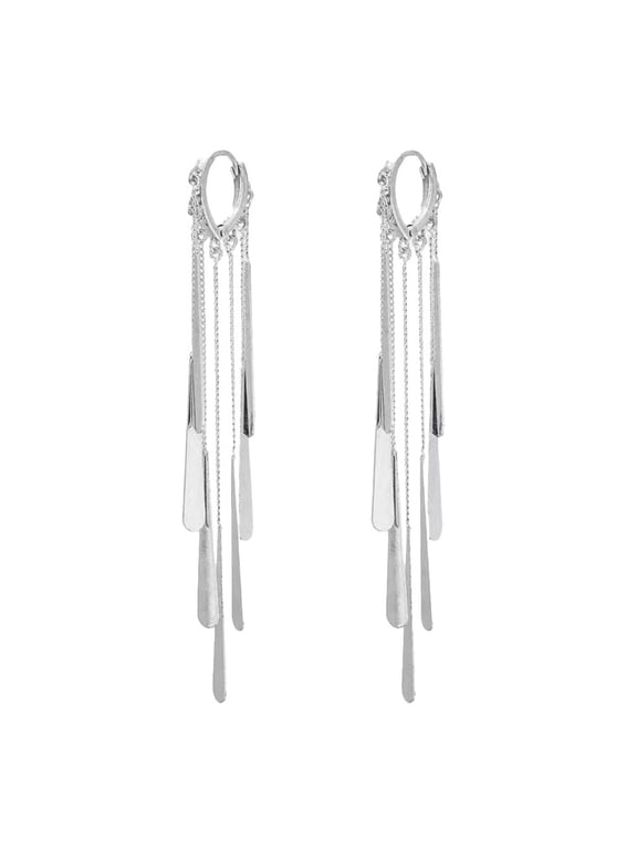 Tassel Chain Hoop Drop Earrings for Women Stainless Steel Long Multilayer Fringe Tassel Dangle Teardrop Metal Slice Statement Party Daily Jewelry Gift Silver Plated