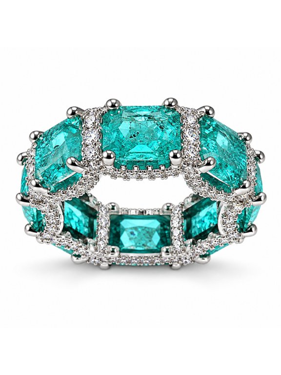 Teal Green Rectangle Gemstone Ring for Women Cubic Zirconia Eternity Band Vintage Halo Pave Sparkling Stainless Steel Cocktail Jewelry Gift for Her