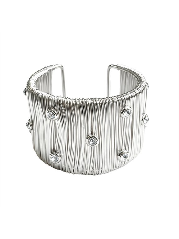 Textured Open Cuff Bracelet for Women Vertical Stainless Steel Brushed Cubic Zirconia Bangle Wrist Dainty Elegant Boho Personalized Gift Jewelry Silver Plated White