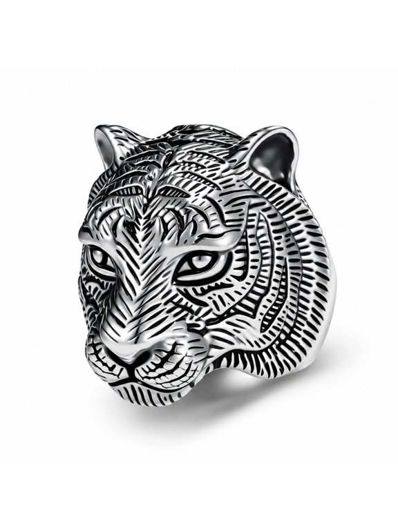 Tiger Head Ring for Men 32mm Vintage Sculpted Tiger Face Stainless Steel Statement Gothic Biker Animal Totem Band Wild Beast Jewelry Gift for Him