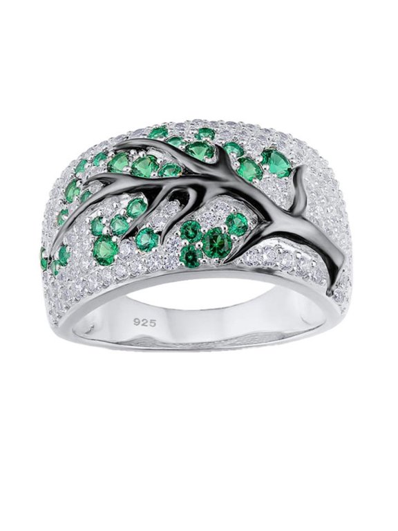 Tree of Life Rings for Women Men Band Branch Stainless Steel Cubic Zirconia Silver Plated Family Elegant Dianty Vintage Couple Statement Personalized Gift Jewelry Green 7