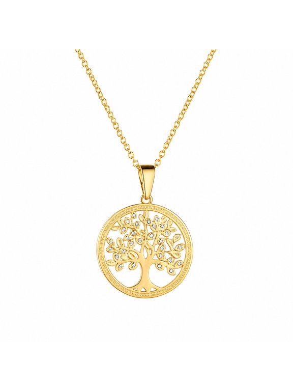 Tree of Life Necklace for Women Stainless Steel Cubic Zirconia Dainty Hollow Out Circle Charm Statement Personalized Gift Jewelry Gold